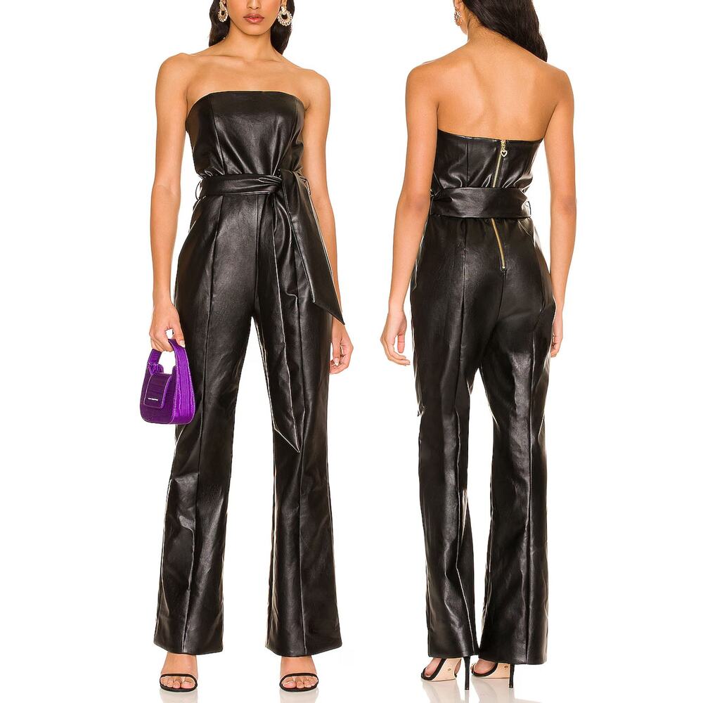 REVOLVE Majorelle Black Vegan Leather Strapless Wide Leg Jumpsuit Size L